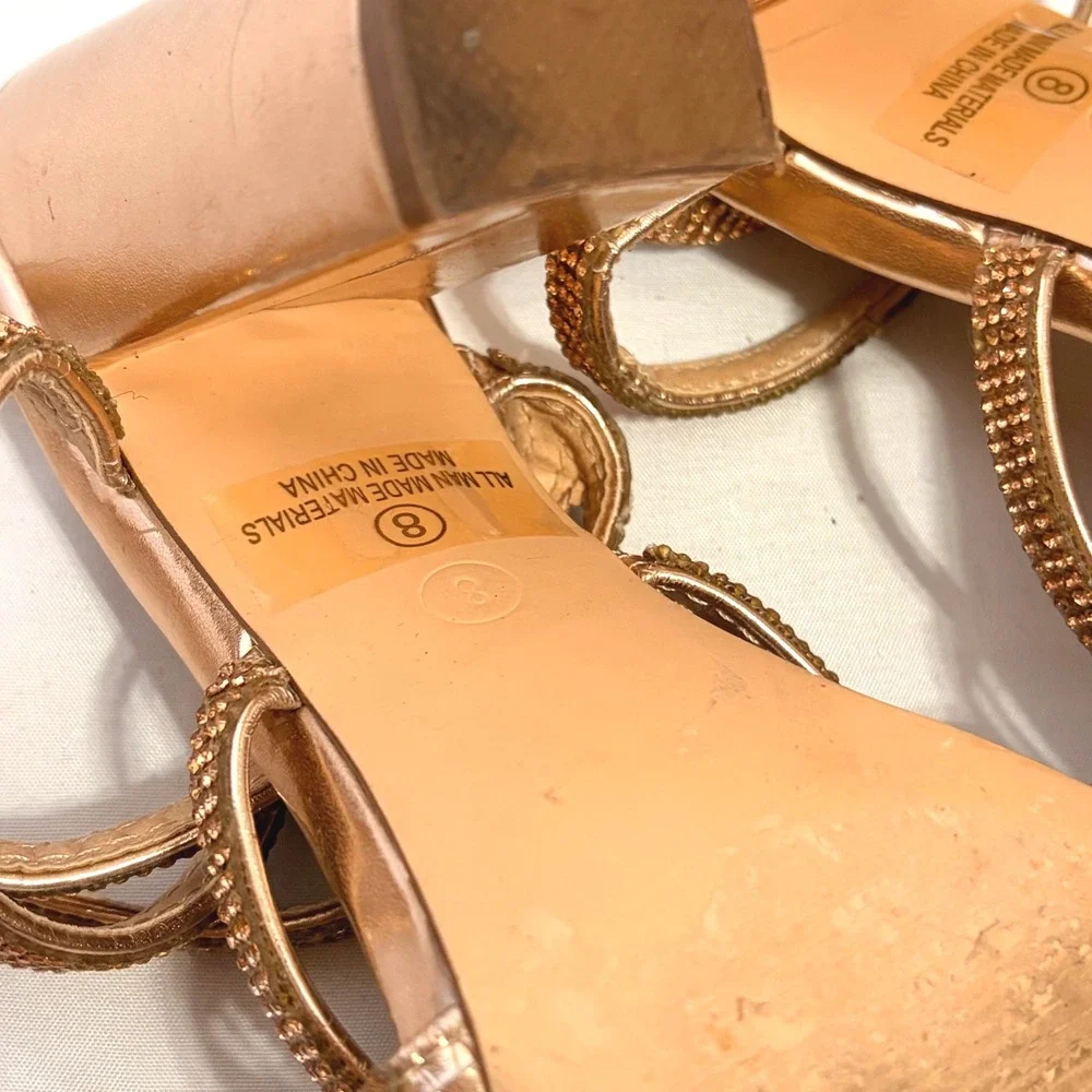 Windsor Rose Gold Rhinestone Block Heels with strappy wrapping detail on ankle